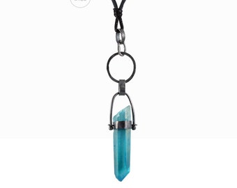 Aqua Aura Quartz necklace sterling silver oxidized necklace, raw rock crystal and silver, handmade, amulet of good energy, natural mineral