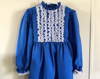 Vintage Girls Frilly Lace Trim Cobalt Blue Long Sleeve Dress Ruffled Neckline 6X
