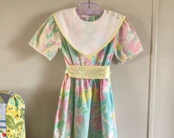 Vintage 80s Girls 7 Pastel Floral Dress Yellow Satin Green Pink Bib KLL USA