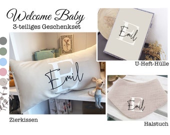 BABY Geschenkset Initiale & Name - Kissen, U-Heft-Hülle, Halstuch  - GLÜCKSMARIECHEN