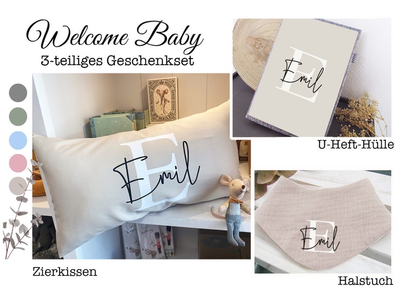 BABY Geschenkset Initiale & Name Kissen, U-Heft-Hülle, Halstuch GLÜCKSMARIECHEN Bild 1