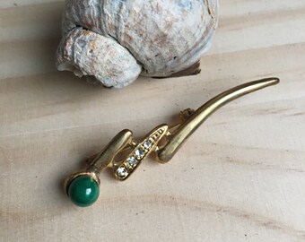 Vintage Green Gold Brooch - elegant vintage brooch, gold colored, with green pearl, pin, pin, vintage jewelry, jewelry, Rhinestone