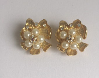Golden Small Pearl Vintage Ohrclips - schöne 80er/90er Ohrclips, retro, Ohrschmuck, Clips, Perlen, Strass, vintage ear jewelry