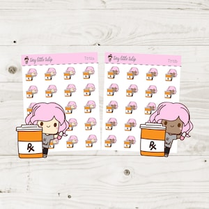 May include: Two sheets of stickers featuring a cartoon character holding a cup with the text "Be Kind" and a pill bottle with a red "Rx" on it. The character has pink hair and is wearing a pink shirt. The stickers are on a white background with the text "tiny little tulip" and "T012a" and "T012b" on the top.