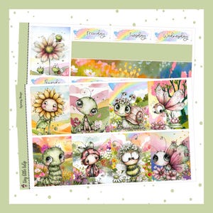 May include: A sheet of planner stickers with a spring theme. The stickers feature watercolor illustrations of cute bugs, flowers, and rainbows. The days of the week are labeled with pastel colors. The words "Spring Bugs" and "tiny little tulip" are also visible.