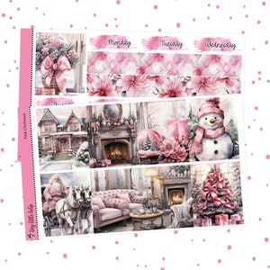 May include: Pink Christmas themed planner stickers with images of a pink house, a fireplace, a snowman, a Christmas tree, and Santa Claus in a sleigh. The stickers also include the days of the week: Monday, Tuesday, Wednesday, Thursday.