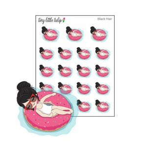May include: A sheet of stickers featuring a girl with black hair floating on a pink and white donut-shaped pool float. The text "tiny little tulip" and "Black Hair" are at the top of the sheet.