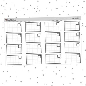 May include: A sheet of planner stickers with a grid pattern. Each sticker has a rectangular shape with a grid inside and a small square at the top. The stickers are labeled "Half Box Grid" and have the "tiny little tulip" logo.