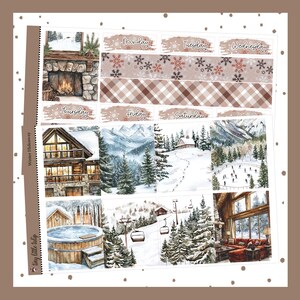 May include: A set of 9 winter-themed planner stickers featuring a cozy cabin, snowy mountains, a hot tub, and a ski lift. The stickers are designed for a weekly planner and include days of the week labels: Monday, Tuesday, Wednesday, Thursday, Friday, Saturday, and Sunday. The stickers are perfect for adding a touch of winter cheer to your planner.