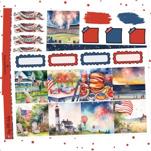 May include: A set of 12 digital planner stickers featuring a patriotic theme with red, white, and blue colors. The stickers include images of fireworks, a baseball stadium, a lighthouse, a hot dog, and a flag. The stickers also include text that says "Monday", "Tuesday", "Wednesday", and "Thursday".