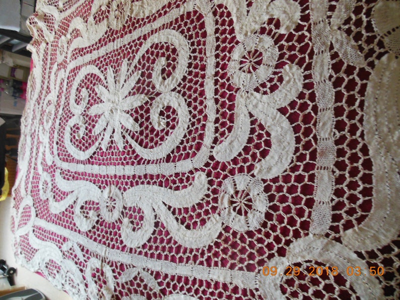 Lace Ecru Table Cloth VintageAntique 48\u201dx58\u201d Approx