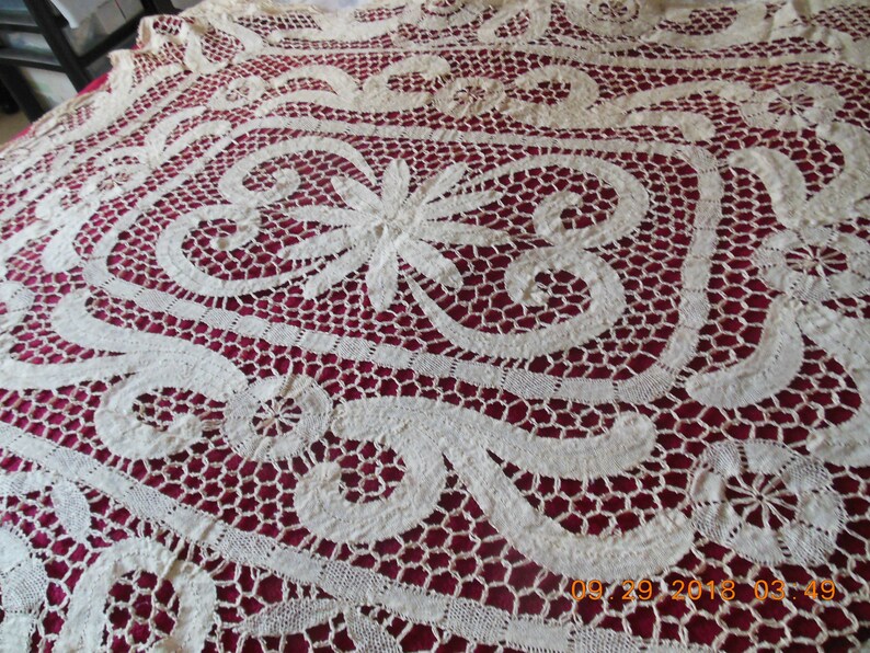 Lace Ecru Table Cloth VintageAntique 48\u201dx58\u201d Approx