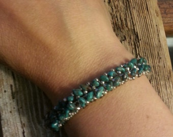 Turquoise Bracelet 2 Row - Comtemporary Navajo Jewelry, Native American, Beaded, Small Turquoise stones, unique design