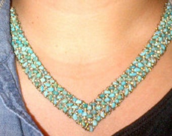 Turquoise Necklace and Earrings 3 Row Set, Comtemporary Navajo Jewelry, Native American, Beaded, Small Turquoise stones, unique design
