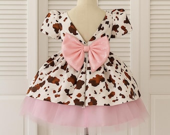 Vestido de tul rosa con estampado de vaca marrón, espalda en V y rodillas para niñas pequeñas, para concurso de cumpleaños y fiestas infantiles