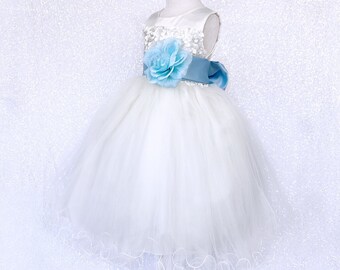 Sleeveless Flower Girl Turquoise Sequence Bow White Tulle 4 Layer Gown Wedding Bridesmaid Junior Baby Birthday Christmas Holiday Winter Fall