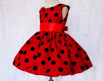 Red & Black Polka Dot Knee Length Ribbon Dress Lady Bug Birthday Party Pageant Easter Christmas Winter Fall Junior Newborn Photoshoot Rustic