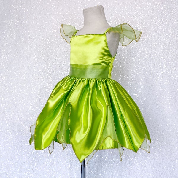 Tinkerbell Fairy Inspired Green Satin Spaghetti Strap Gown Junior Toddler Halloween Costume Holiday Pageant Recital Photoshoot Birthday Chic