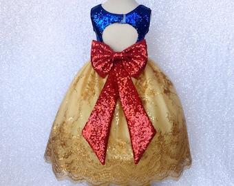 Sequin Photoshoot Keyhole Snow White Inspired Ball Gown Dress Fall Spring Halloween Photoshoot Pageant Costume Junior Toddler Infant Chic