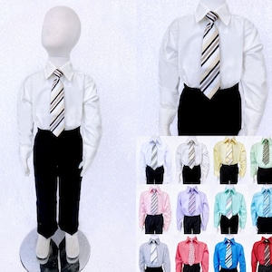 Ivory Button Up Formal Dress Shirt Long Sleeve Clip-On Tie Junior Newborn Wedding Ceremony Graduation Birthday Party Pageant Photoshoot Chic