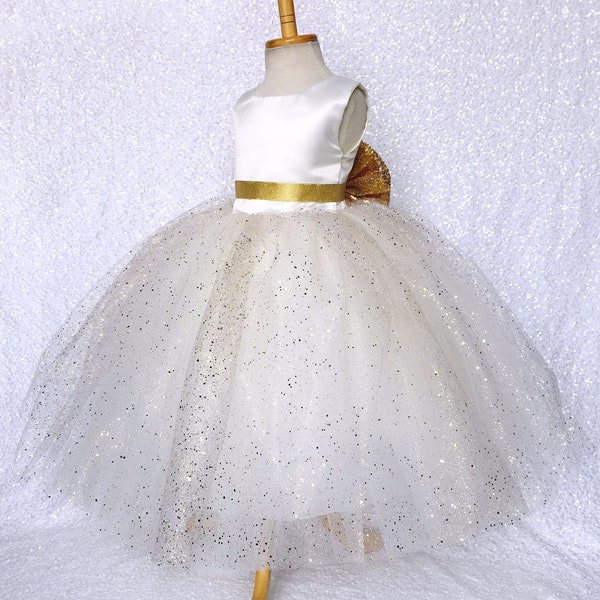 Glitter Princess Elegant Wedding Ivory Off White Tulle 4 Layer Sequin Bow Dress Birthday Bridesmaid Spring Summer Toddler Junior Graduation