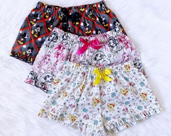 Patterned Cotton Pajama Ruffle Women's Shorts PJ Sleepwear Bottoms Mickey Minnie Inspired Winnie the Pooh Princess Spring Summer Birthday