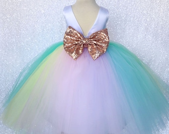 Rose Gold Unicorn Pastel Sequin Bow Open Back Birthday Graduation Tutu Outfit Toddler Girl Junior Size S M L XL 6 8 10 12 14 16 custom