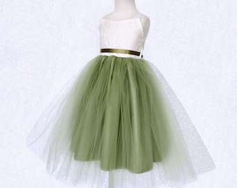 Robe formelle vert sauge rustique 2 couches en dentelle de tulle ivoire, robe blanc cassé pour tout-petit, mariage junior, fille d'honneur, fête d'anniversaire, séance photo, reconstitution historique, 2 4 6