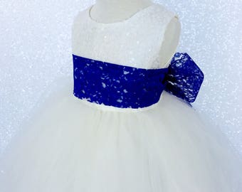 Ivory Sequin Sequence Royal Blue Lace Tulle Flower Girl Dress Wedding Bridesmaid Shabby Chic Toddler Birthday Custom  Birthday Summer