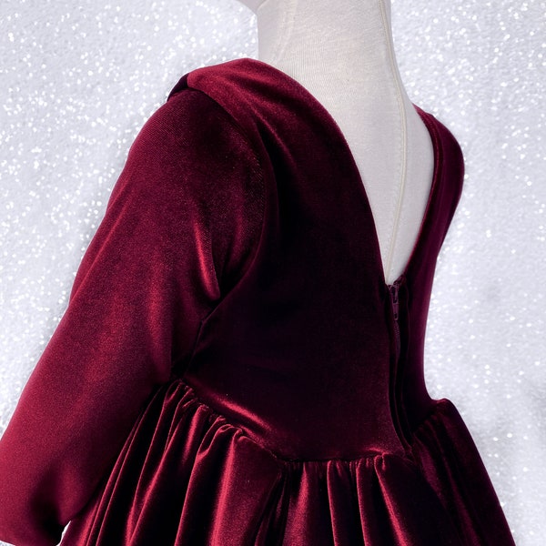 Velours Manches Longues Bourgogne Rouge Robe à Manches Longues Tout-petit Bébé Anniversaire Graduation Photoshoot Concours Mariage Fleur Fille Hiver Automne Chic