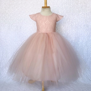 Country Blush Pink 3 Layer Tulle French Lace Gown Bow Flower Girl Junior Holiday Spring Rustic Bridesmaid Birthday Newborn Summer Recital