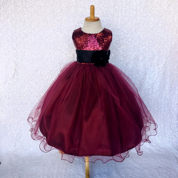 Flower Girl Bridesmaid Burgundy Sequence Marron 2 Layer Black Sash Velvet Puffy Birthday Ceremony Hiver Fall Christmas Valentines Junior