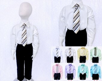 Ivory Button Up Formal Dress Shirt Long Sleeve Clip-On Tie Junior Newborn Wedding Ceremony Graduation Birthday Party Pageant Photoshoot Chic