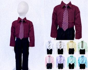 Classic Formal Burgundy Dress Shirt Button Up Long Sleeve Clip-On Tie Junior Infant Pageant Recital Photoshoot Prop Wedding Birthday Party