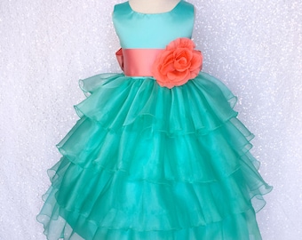 Aqua Organza Ruffle Flower Girl Dress: Coral Sash