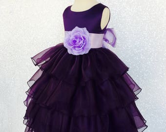 Plum Organza Ruffle Dress Lilac Satin Sash Flower Girl Wedding Bridesmaid Winter Spring Fall Junior Toddler Graduation Easter Party Birthday