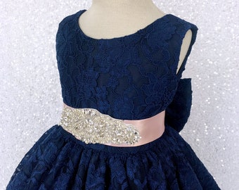 Christmas Easter Navy Lace Dress Blush Rhinestone Baptism Sleeveless Junior Toddler Wedding Flower Girl Bridesmaid Holiday Graduation 2 4 6