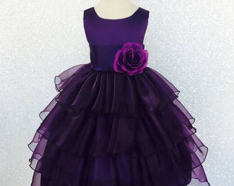 Organza Ruffle Dress w/ Plum Satin Sash Flower Girl Gown Wedding Bridesmaid Elegant Easter Infant Toddler Birthday Recital Graduation Spring