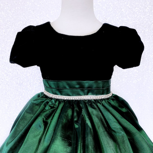 Short Sleeved Black Velvet Hunter Green Taffeta Dress Junior Newborn Flower Girl Birthday Party Pageant Recital Christmas Easter Winter Fall