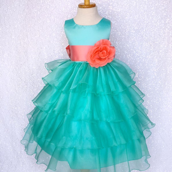 Aqua Organza Ruffle Dress Coral Satin Sash Flower Girl Gown Wedding Bridesmaid Junior Toddler Recital Pageant Spring Graduation Photoshoot