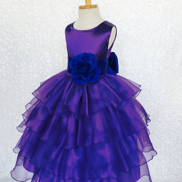 Organza Ruffle Purple Royal Blue Satin Sash Flower Girl Gown Wedding Bridesmaid Rustic Easter Junior Toddler Recital Graduation Ceremony