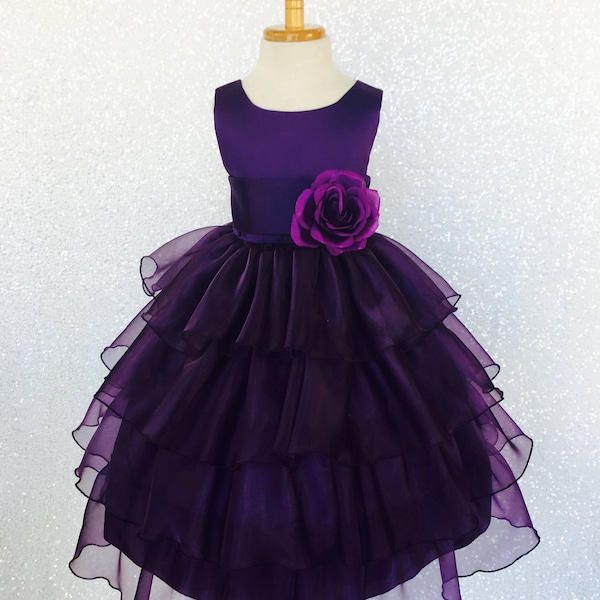 Organza Ruffle Dress w/ Plum Satin Sash Flower Girl Gown Wedding Bridesmaid Elegant Easter Infant Toddler Birthday Recital Graduation Spring