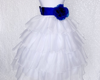 white dress blue satin sash