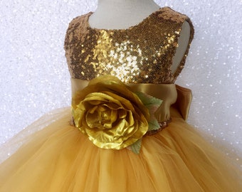 Mini Sequin Sleeveless Yellow Gold Gown 2 Layer Tulle Satin Sash Flower Girl Dress Christmas Ceremony Holiday Graduation 2 4 6 8 10 12 14