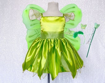 Satin Fairy Tinkerbell Inspired Green Dress Toddler Junior Halloween Costume Pageant Recital Birthday Party Flower Girl Chic Summer Holiday