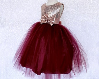 2 Layer Tulle Burgundy Rose Gold Blush Sleeveless Mini Sequin Bow Dress Junior Toddler Bridesmaid Flower Girl Birthday Graduation 2 4 6 8 10