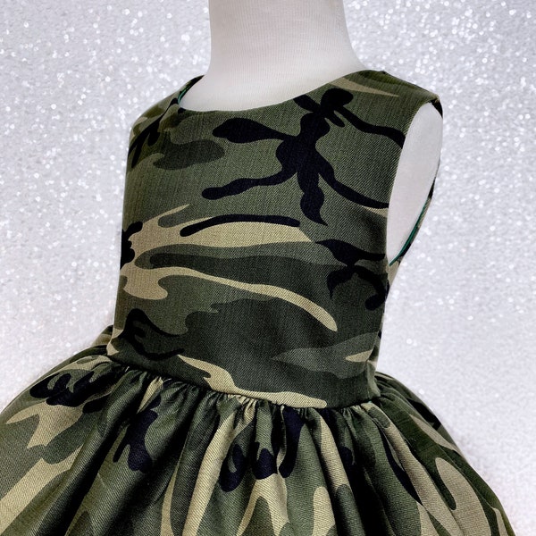 Green Black Camo Sleeveless Cotton Knee Length Gown Junior Infant Flower Girl Pageant Photoshoot Recital Birthday Graduation Holiday Prop