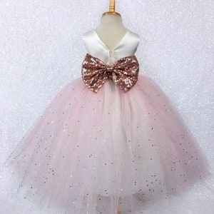 4 Layer Tulle Blush Rose Gold Glitter Sequence Ivory V-Back Dress Flower Girl Bridesmaid Pageant Recital Graduation Toddler Infant Wedding