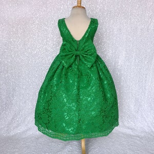 Holiday Spring Christmas Wedding Kelly Green French Lace Gown Bow Birthday Junior Toddler Easter Summer Holiday Pageant Photoshoot 2 4 6 8 image 3