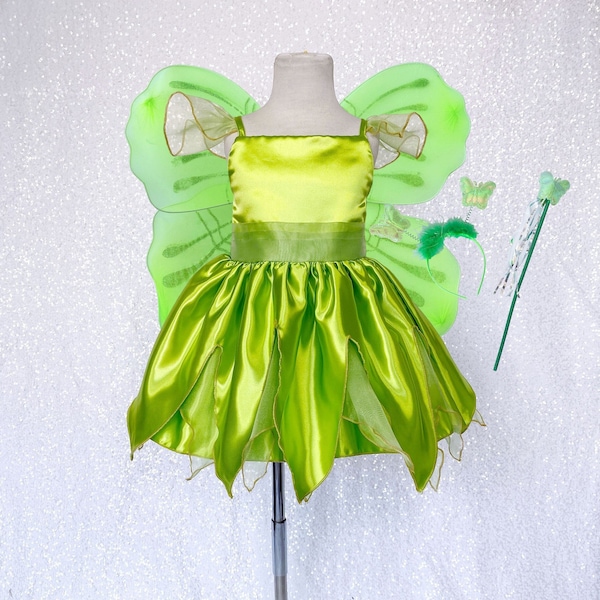 Satin Fairy Tinkerbell Inspired Green Dress Toddler Junior Halloween Costume Pageant Recital Birthday Party Flower Girl Chic Summer Holiday